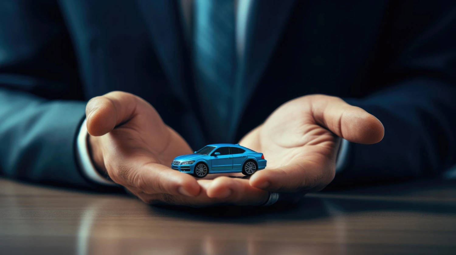 Offene Hände halten schützend ein blaues Miniaturauto