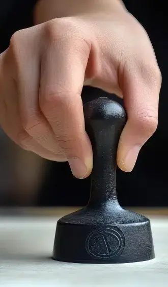 Hand stempelt ein fertiges Dokument ab